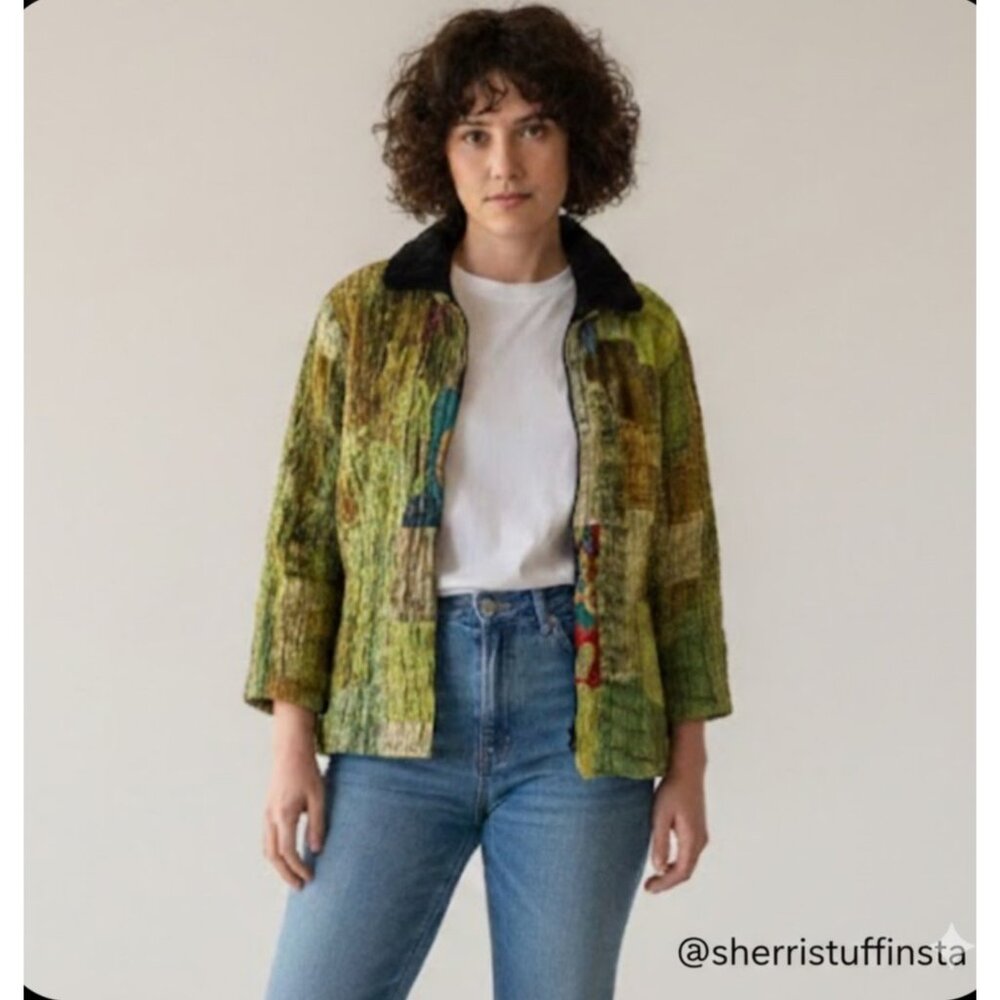 Tiger Lili VTG 80s 90s Patchwork Jacket 100% Silk Wearable Art Faux Fur Green 10